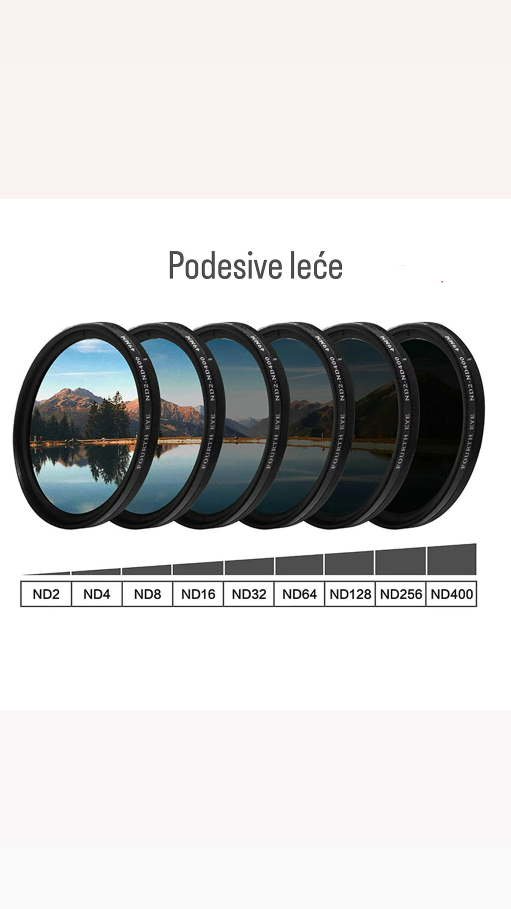 Set of ND filters with a scenic lake background on a white background