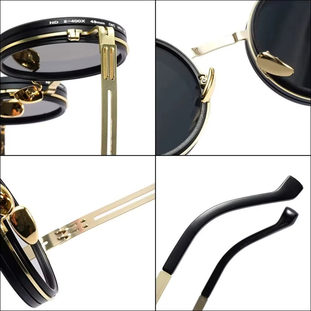 Round sunglasses with gold frame and black lenses on a light gray background